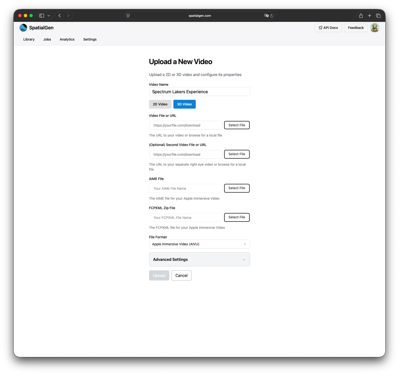 SpatialGen upload form interface for Apple Immersive Video assets.