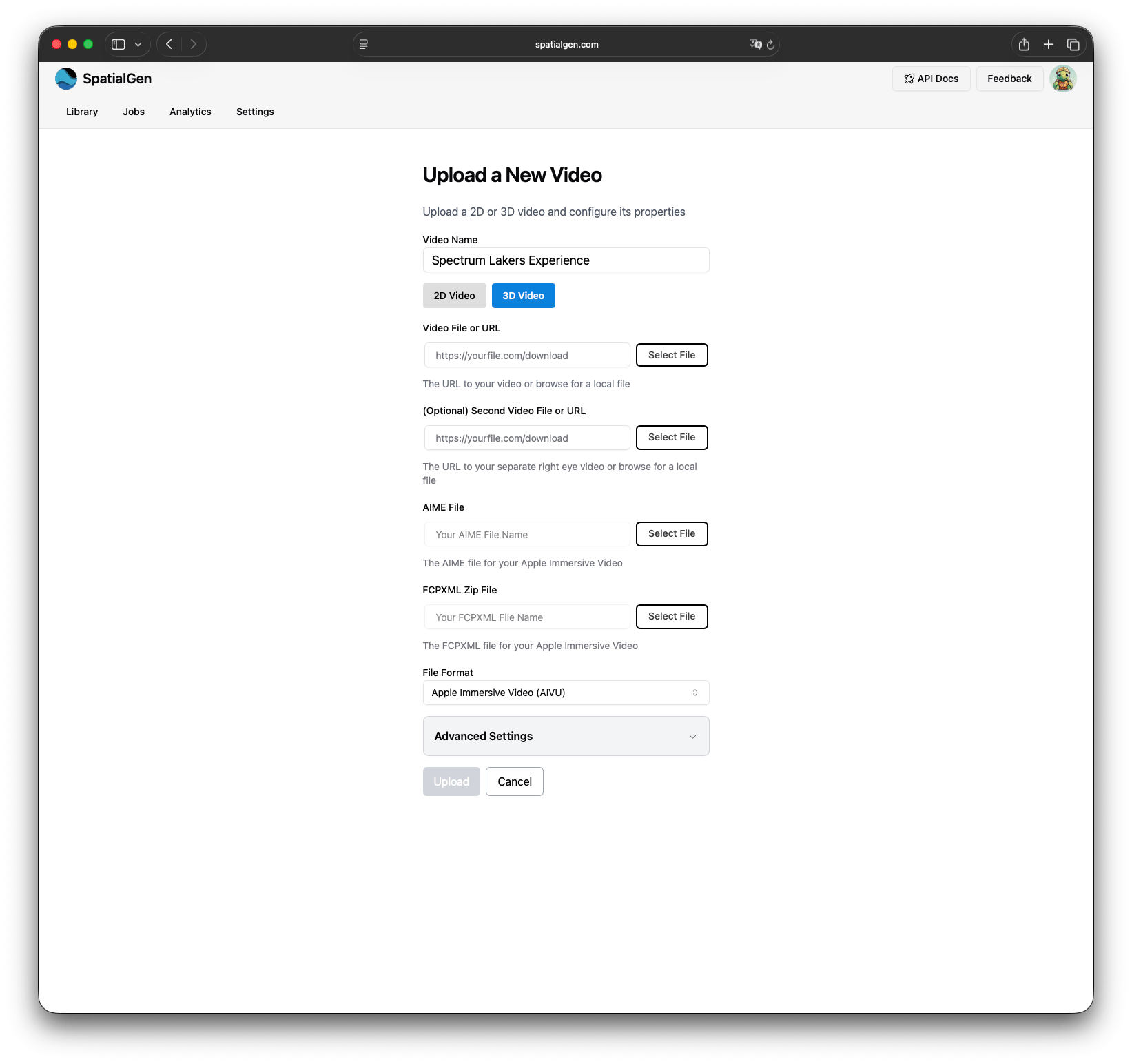 SpatialGen upload form interface for Apple Immersive Video assets.